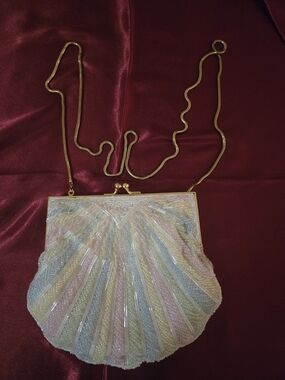 Pastel Beaded Shell Evening Bag with Gold Chain